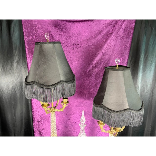 Mid 20th Century Mid 20th Century Hollywood Regency Crystal & Brass Four‑Arm Candelabra Lamps With Black Fringe Shades — A Dramatic Pair For Sale - Image 5 of 12