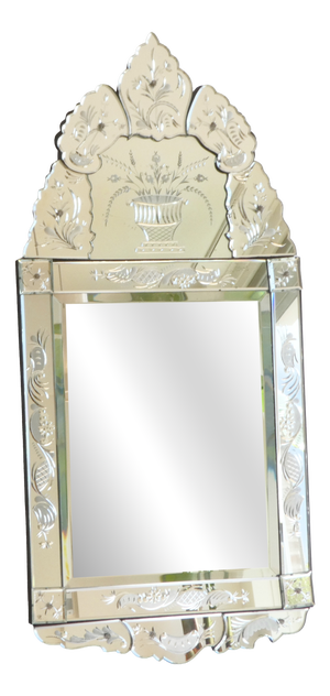 Antique Venetian Italian Ornate Beveled Murano Etched Glass Wall Mirror, 1930s