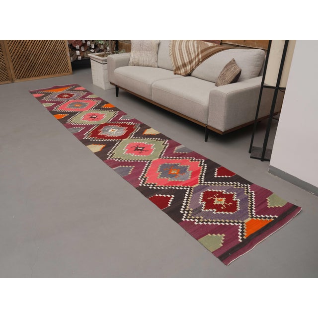 1970s Vintage Handmade Wool Cotton Purple Runner Rug For Sale - Image 11 of 11