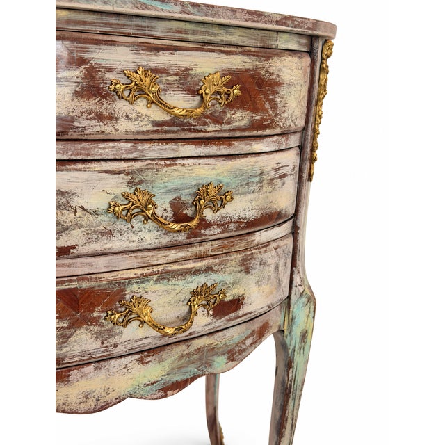 1990s Authentic Made in Italy Bombe Commode - Distressed Painted 3 Drawer Nightstand, Vintage Italian Florentine Accent Chest, Gilt Table 28" For Sale - Image 4 of 18