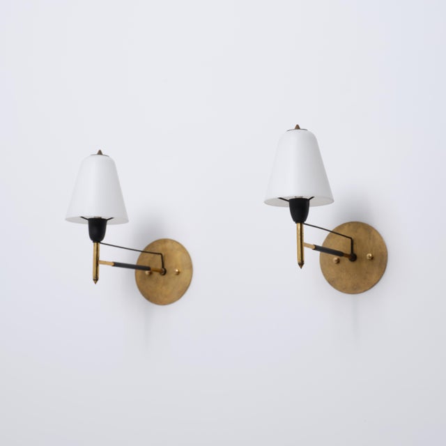 Italian Brass and Opaline Glass Wall Sconces, 1950s, Set of 2 For Sale - Image 6 of 13