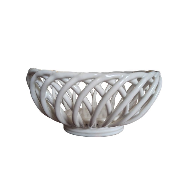 White Vintage Stoneware Ceramic Pottery Lattice Fruit Bowl For Sale - Image 8 of 11