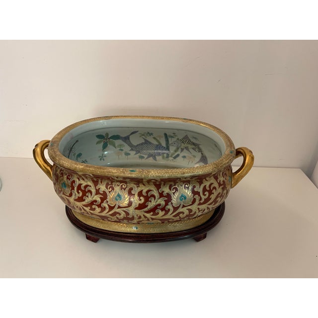 Vintage Chinoiserie Gilt & Iron-Red Oval Porcelain Fishbowl Planter on Original Wood Stand For Sale - Image 4 of 9