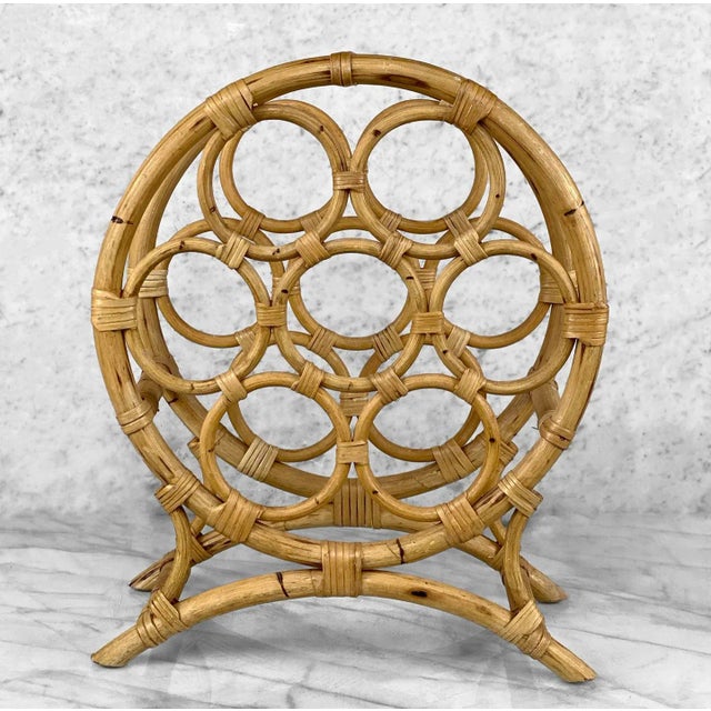 Mid-Century Modern Vintage Coastal Boho Rattan Sculptural Bamboo 7-Bottle Wine Rack For Sale - Image 3 of 7