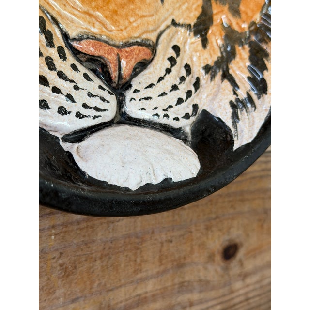 Mid 20th Century Vintage Italian Glazed Terracotta Tiger Wall Plate | Sculptural Ceramic Wall Art For Sale - Image 5 of 12