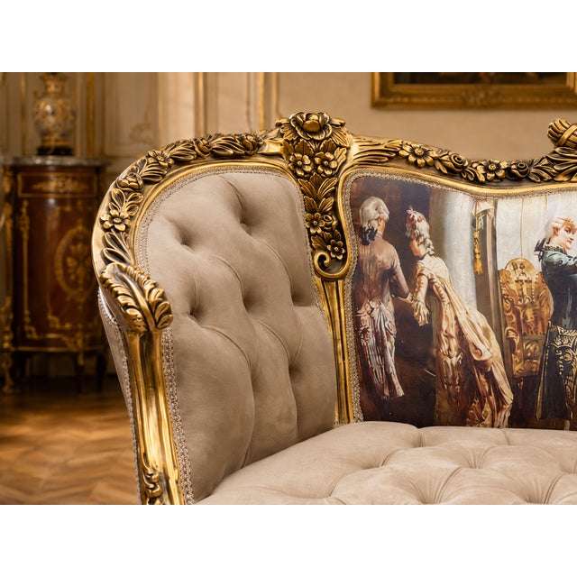 1970s 1970s French Louis XVI Tan Velvet Gold Settee For Sale - Image 5 of 8