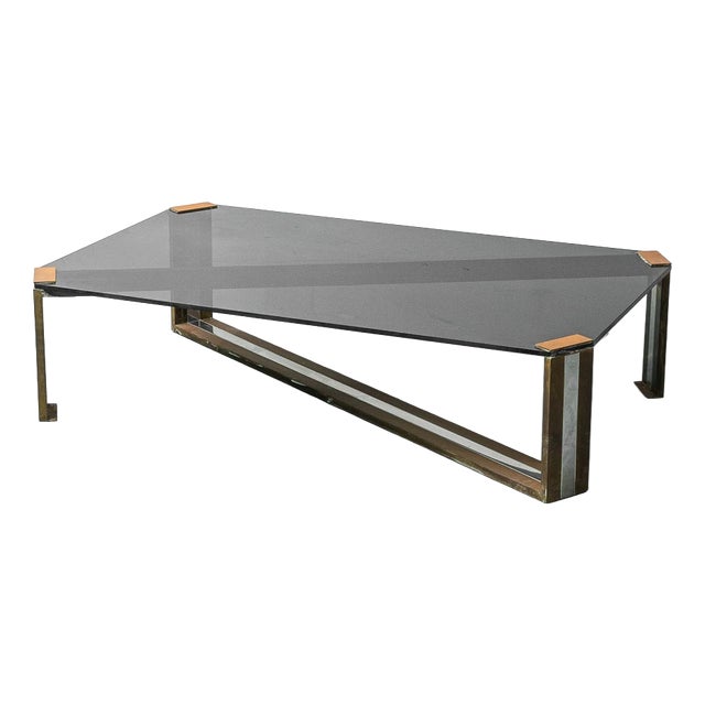 Coffee Table in Smoked Glass with Brass and Metal, 1970s For Sale