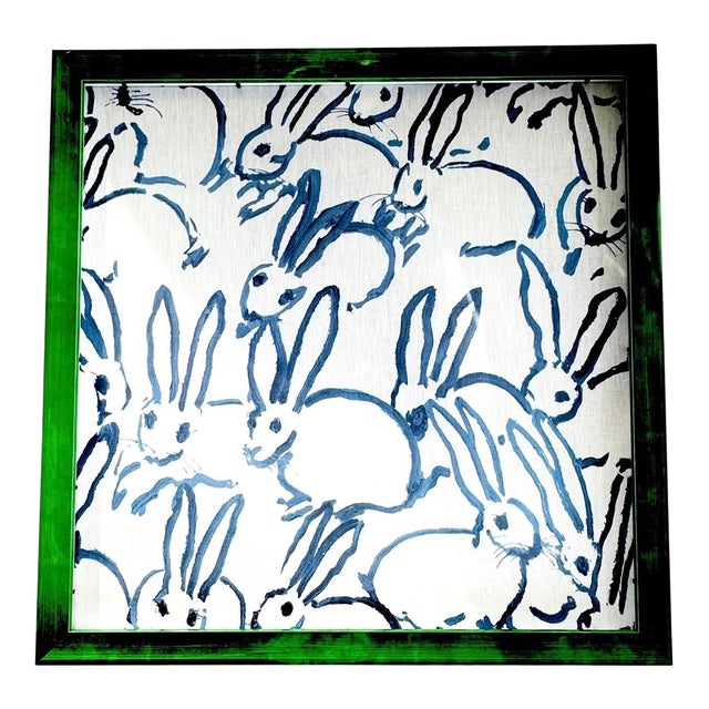 Framed Abstract Blue & White Bunny Linen Textile Fabric in Green Frame For Sale
