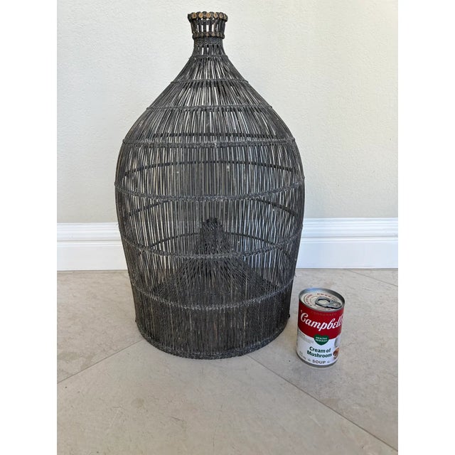 Vintage Large Wicker Charcoal Grey and Oatmeal Ceruse Fish Trap Basket For Sale - Image 11 of 11