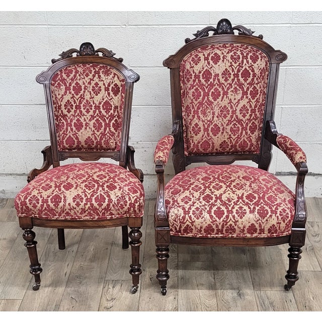 Red Antique Victorian Eastlake Fleur De Lis Upholstered Parlor Chairs For Sale - Image 8 of 10