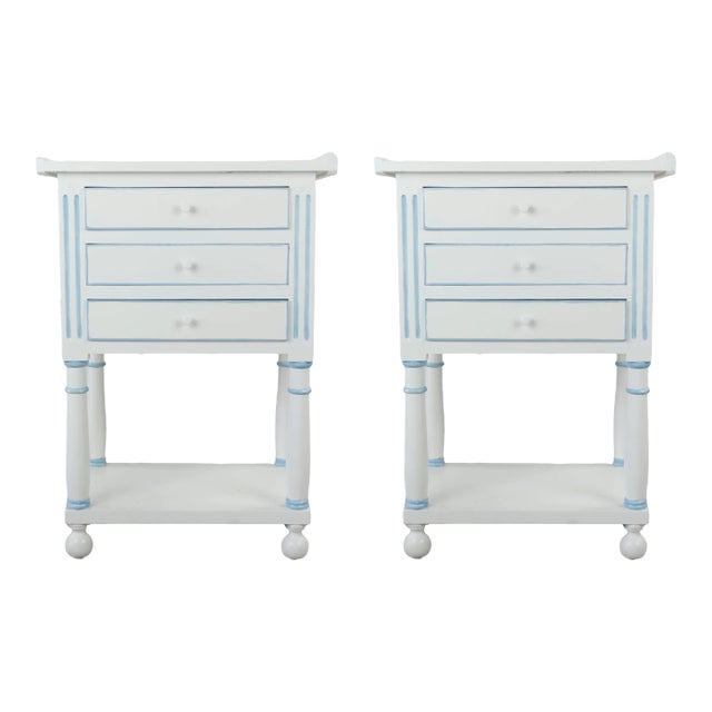 Pair of White Side Tables/Bedside Tables/Nightstands With Light Blue Lines For Sale