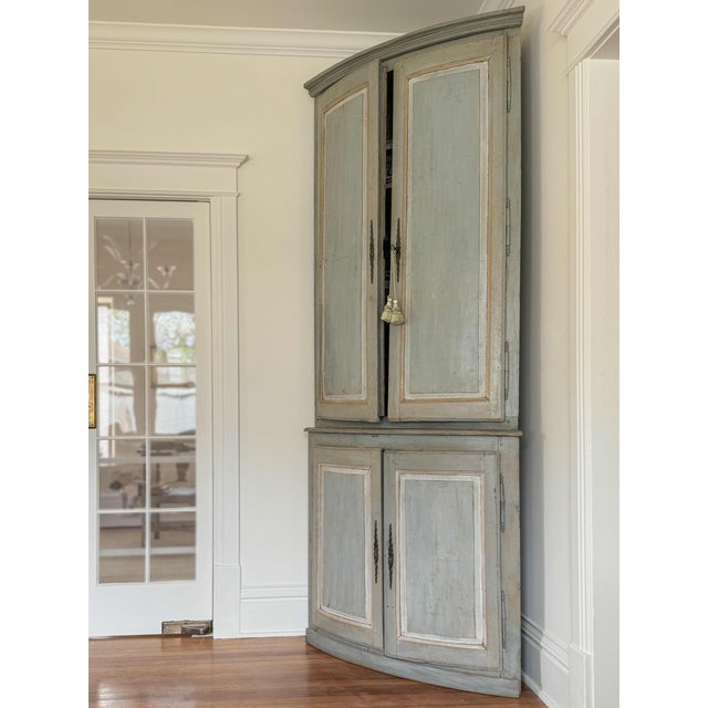 Antique French Painted Corner Cabinet, Lined in French Toile For Sale - Image 4 of 10