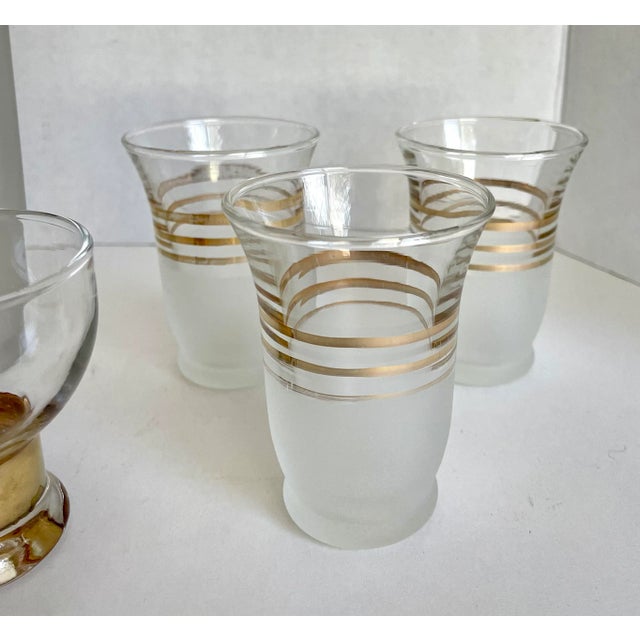 1940s Art Deco Gold Striped and Frosted Shot Glass and Mixer Set - Set of 10 For Sale - Image 4 of 8