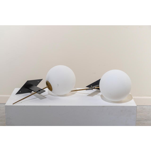 French Wall Lights in Brass, Iron, and Opaline Glass, 1960s, Set of 2 For Sale - Image 6 of 6