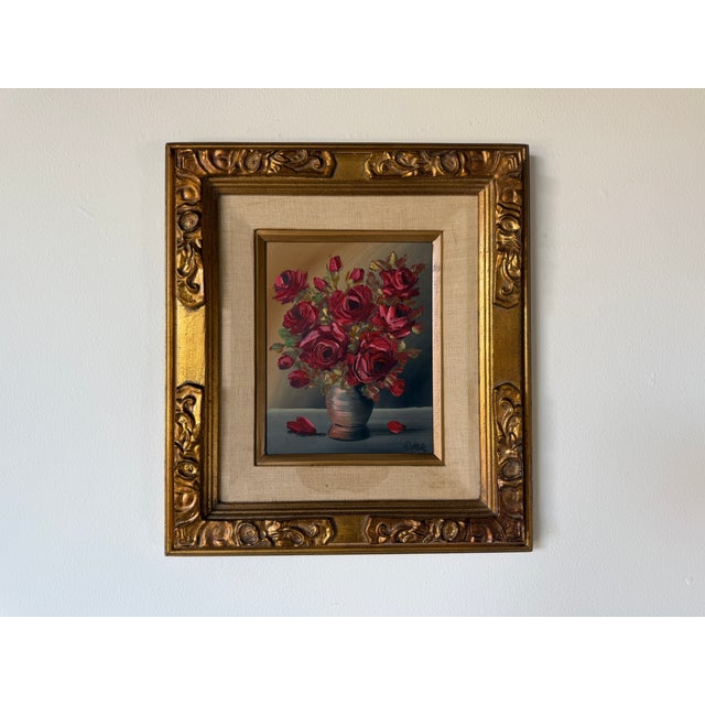 1970s Vintage Riher Red Roses Floral Still Life Oil Painting on Masonite – Framed For Sale - Image 4 of 9