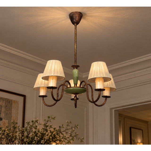 Nordiska Kompaniet, Chandelier, Green Lacquered Wood, Brass, Sweden, 1950s An elegant Swedish chandelier designed and...
