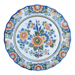 Large Mid-Century Dutch Hand-Painted Polychrome Delft Ceramic Wall Plate, Holland, 1950s For Sale