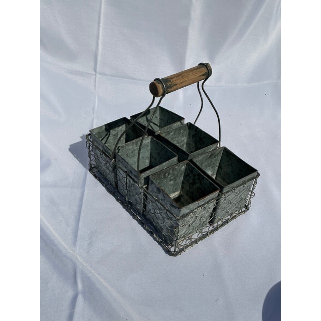 1970s Rustic French Farmhouse Handled Chicken Wire Basket/Caddy With (6) Galvanized Metal Inserts For Sale - Image 9 of 10