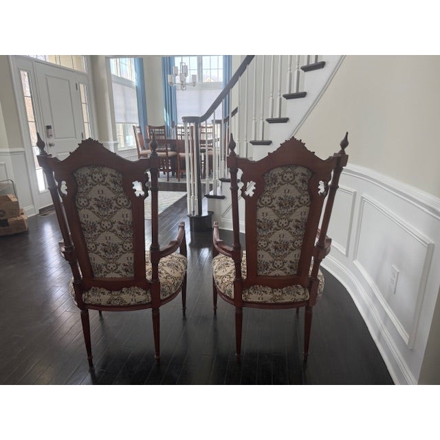 2 Antique Carved Wood Upholstered Armchairs For Sale - Image 4 of 7