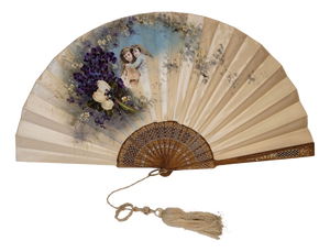 Large Romantic Pericón Fan in Painted Silk and Gilded and Silvered Wood, 1890s