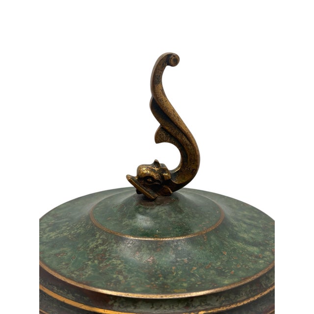 American 1920s Carl Sorensen Arts & Crafts Bronze Covered Dish With Dolphin Finial Lid For Sale - Image 3 of 9