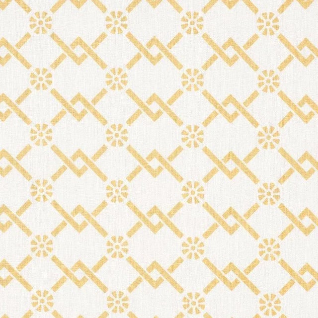 Schumacher X Timothy Corrigan Fretwork Flower Fabric in Saffron For Sale