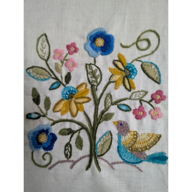 Mid 20th Century Vintage Crewel Bird Floral Textile Art Framed For Sale - Image 5 of 9