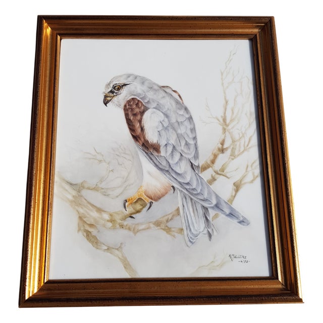 Hand Painted Panel with Grey Hawk on Ceramic For Sale