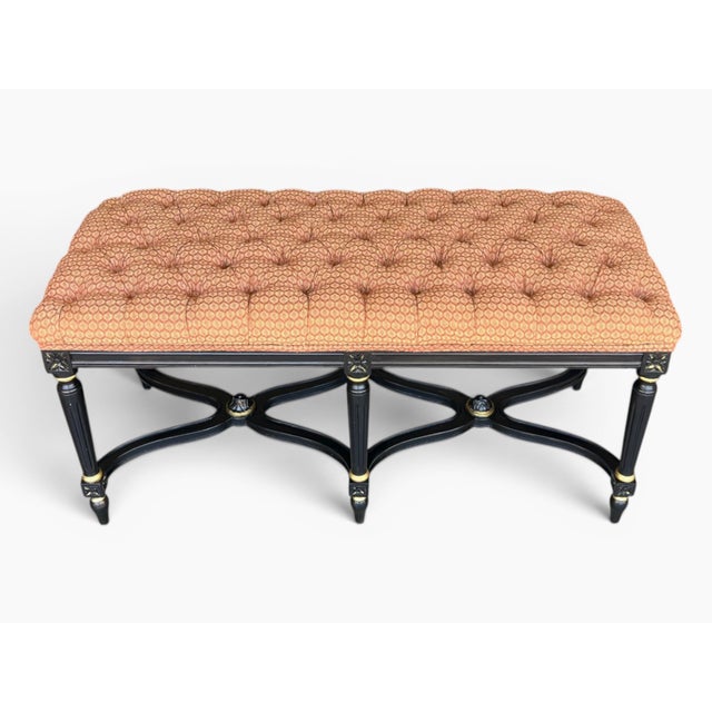 Terra Cotta 1960s Louis XVI Style Ebonized Bench With Tufted Coral Jacquard Upholstery For Sale - Image 8 of 10