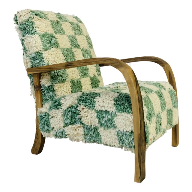 Custom Handmade Moroccan Checkered Green and White Wool Chair For Sale