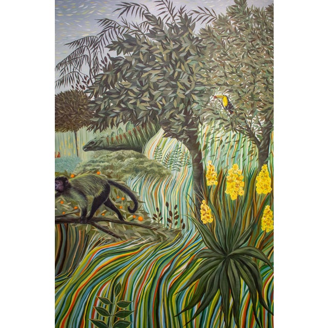 Contemporary Reaching For the Sun by Andrada Trapnell | Oil on board Monkeys in a lush landscape under the sun For Sale - Image 3 of 5