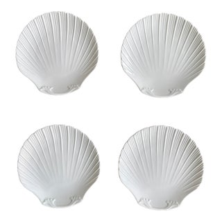 Contemporary Scallop Shell Shaped White Ceramic Plates— Set of Four For Sale