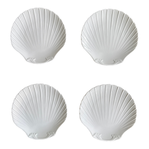 Contemporary Scallop Shell Shaped White Ceramic Plates— Set of Four