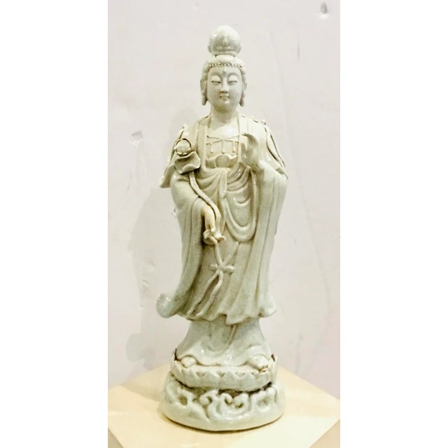 2000 - 2009 Asian Celadon Crackle Glaze Quan Yin Sculpture For Sale - Image 5 of 5