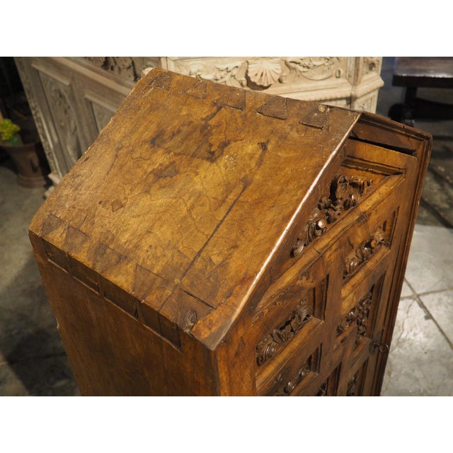 Unusual Circa 1650 Solid Walnut Carved Single Door Cabinet From Spain For Sale - Image 4 of 18