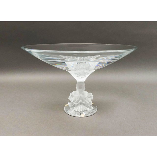 Lalique Crystal France Signed Plumeria Orchid Art Glass Pedestal Centerpiece Compote Bowl. Measures approximately 13"...