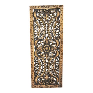 Vintage Boho Carved Antiqued Brown Teak Panel For Sale