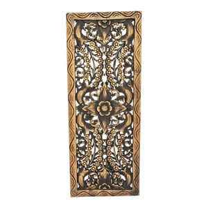 Vintage Boho Carved Antiqued Brown Teak Panel