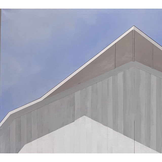 Sunrise by Justin Wheatley | Acrylic on Canvas White Barn With Yellow and Blue Quilt Block For Sale - Image 4 of 8