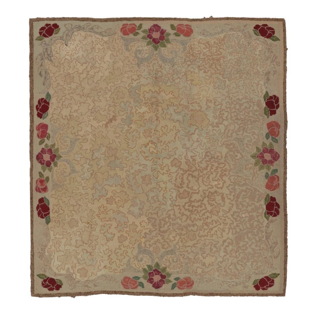 Antique 20th Century Hooked Rug in Beige With Rose Floral Borders - Rug & Kilim For Sale