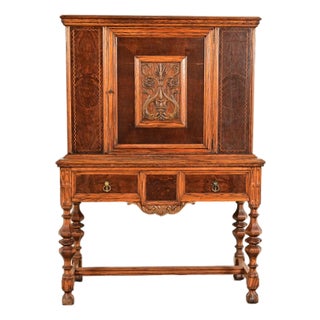Early Romweber Antique English Jacobean Carved Oak and Burl Wood Bar Cabinet, Circa 1900 For Sale
