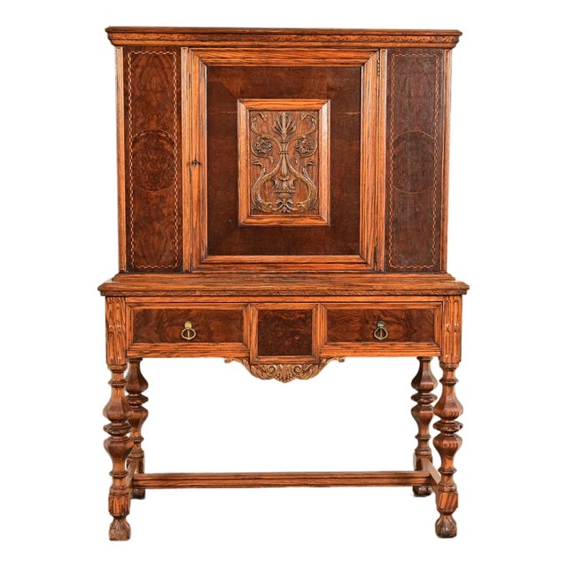 Early Romweber Antique English Jacobean Carved Oak and Burl Wood Bar Cabinet, Circa 1900 For Sale
