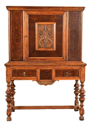 Early Romweber Antique English Jacobean Carved Oak and Burl Wood Bar Cabinet, Circa 1900