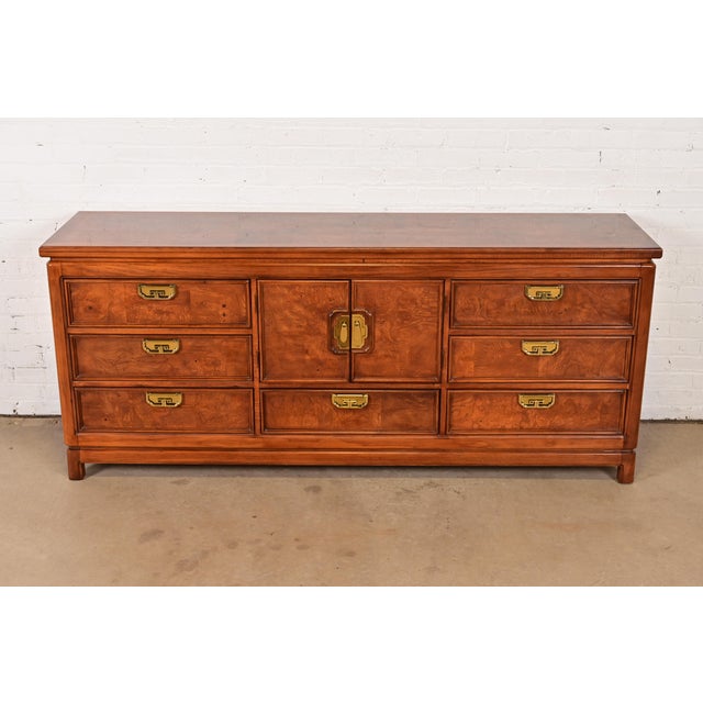 Mid-Century Modern Thomasville Mid-Century Hollywood Regency Chinoiserie Burl Wood Long Dresser or Credenza, Circa 1970s For Sale - Image 3 of 15