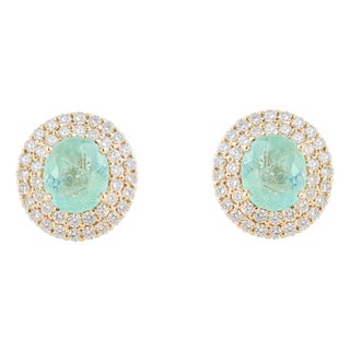 1.93cts Double Halo Diamond Set Paraiba Tourmaline Earrings in 14k Gold- A Pair For Sale