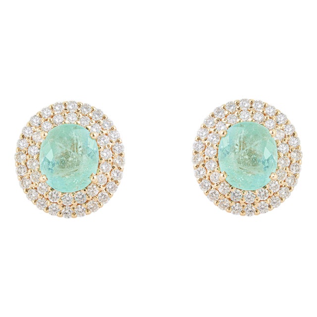 1.93cts Double Halo Diamond Set Paraiba Tourmaline Earrings in 14k Gold- A Pair For Sale