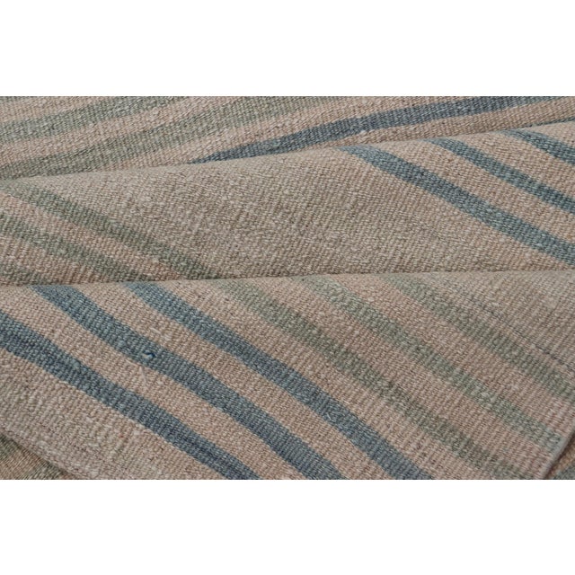 Stripe Design Turkish Vintage Kilim Runner in Shades of Ivory and Light Blue For Sale - Image 11 of 12