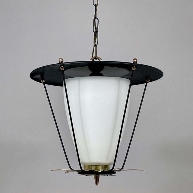 Black Black Metal and White Opaline Lantern with Brass, France, 1950s For Sale - Image 8 of 18