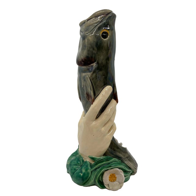 Minton Majolica Hand Holding Fish Vase, Bulrushes and Water Lilies, Dated 1868 For Sale - Image 13 of 13