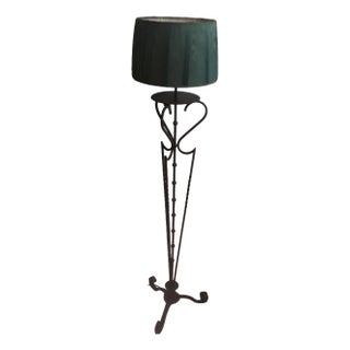 Vintage Floor Lamp from with Filigree Iron Frame and Handmade Green Fabric Shade from Lamplove, 1980s For Sale